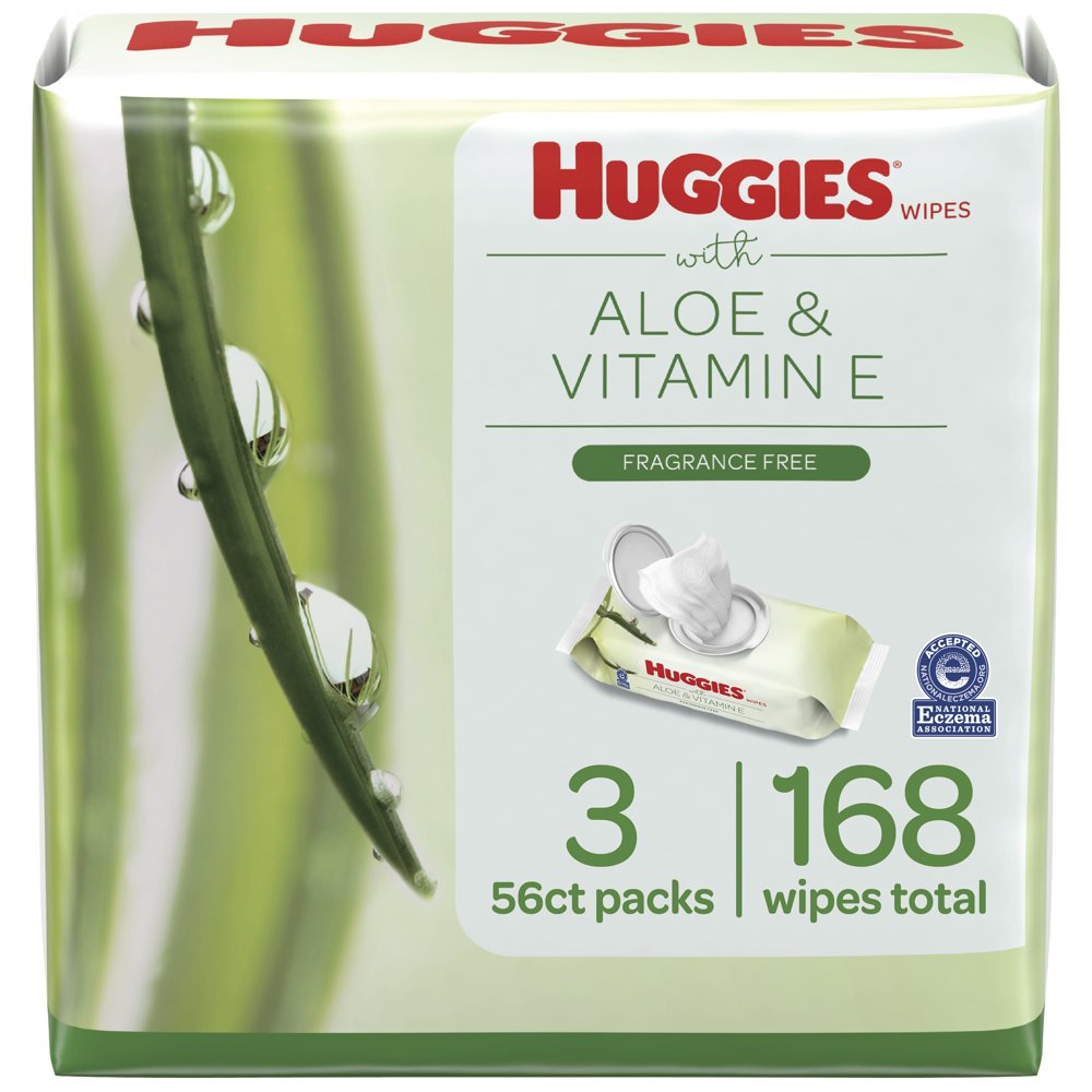 Huggies Aloe & Vitamin E Wipes, Unscented, 3 FlipTop Packs (168 Wipes