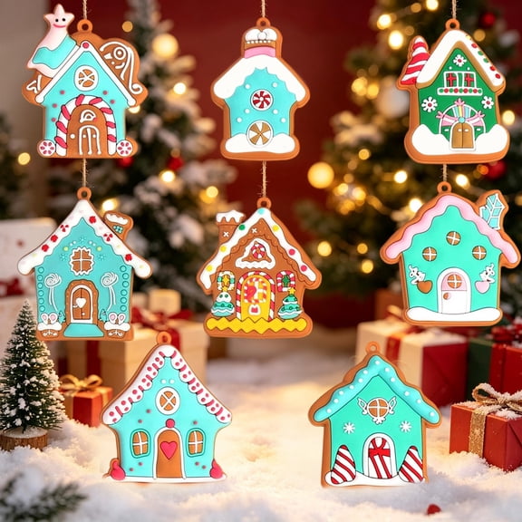 8-Piece Christmas House Hanging Ornament Set, Cute Cabin Tree Decorations for Winter Holiday Family Decor.