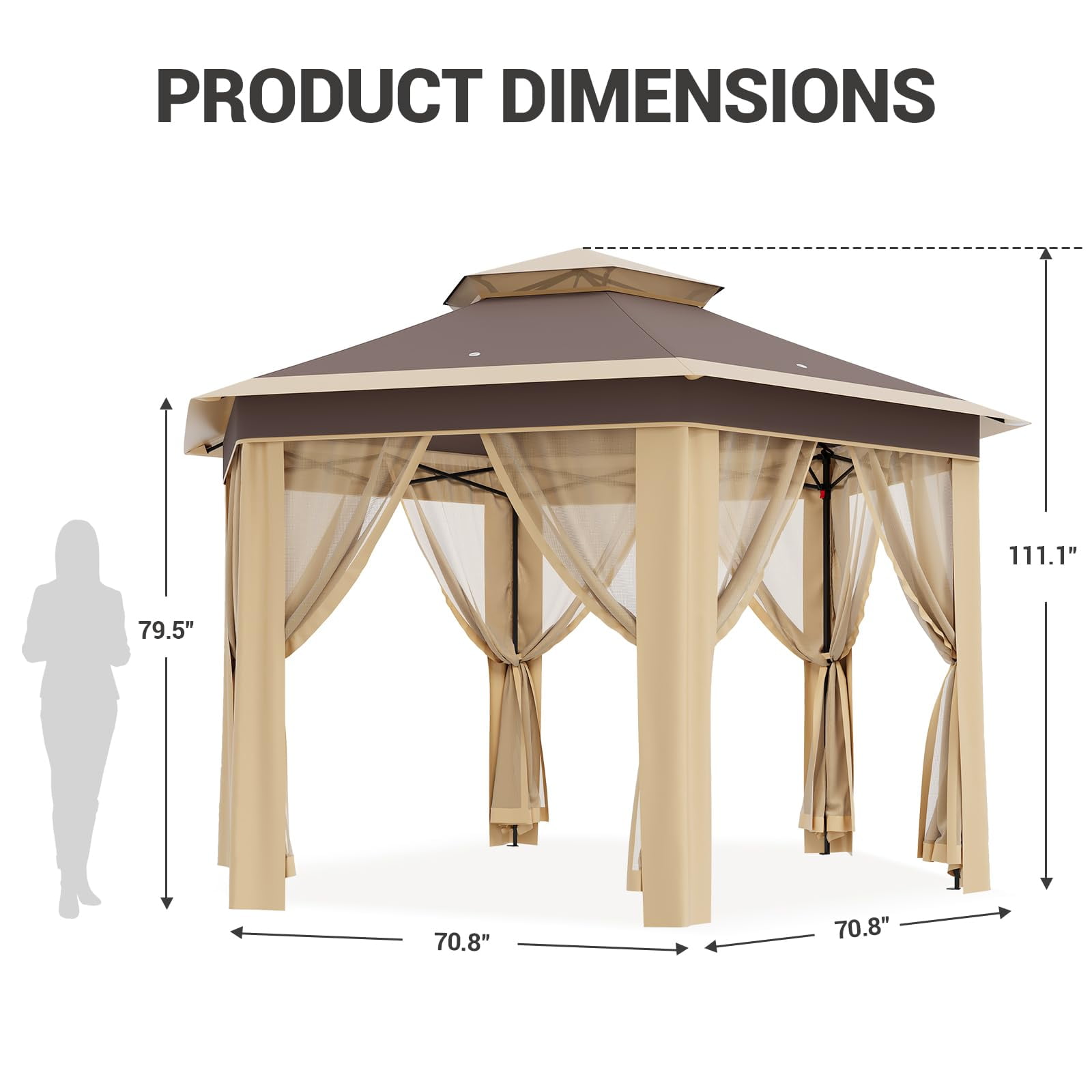 TROPOW Gazebos for Gardens,All Seasons Gazebos,with Adjustable Heights,Outdoor Gazebo for Backyard & Patio Furniture,Pop Up Tent,Khaki