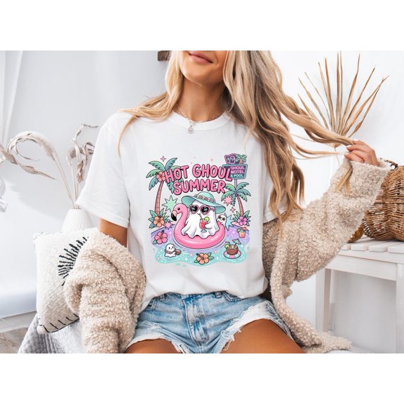VibeNest Studio Unisex Hot Ghoul Summer Pastel Ghost Flamingo Spooky Summer Halloween Garment Dyed Graphic T-Shirt