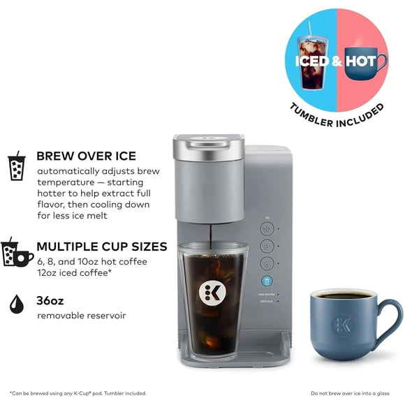 K-Iced Essentials Coffee Maker, Single-Serve KCup Pod Brewer with Removable Reservoir and Auto-Off, Energy Efficient, Includes K Iced Tumbler, Compact, Arctic Gray