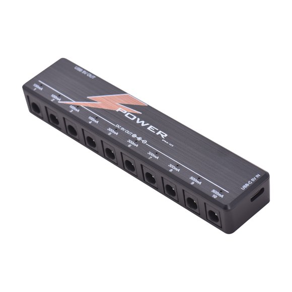 Compact 10-Output Guitar Pedal Power Supply with Isolated Low-Noise Channels, LED Indicators, and USB Port for Enhanced Performance and Versatility