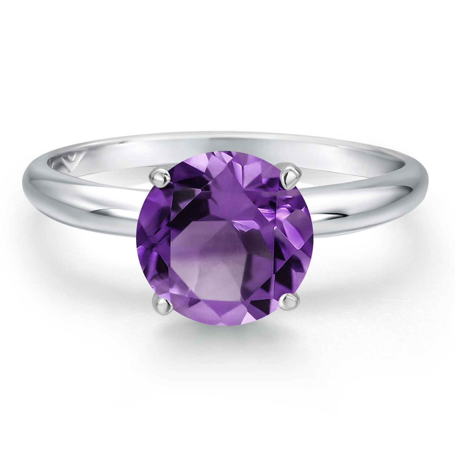 Gem Stone King 14K White Gold Purple Amethyst Solitaire Engagement Ring for Women | 1.70 Cttw | Round 8MM | Gemstone February Birthstone | Size 5