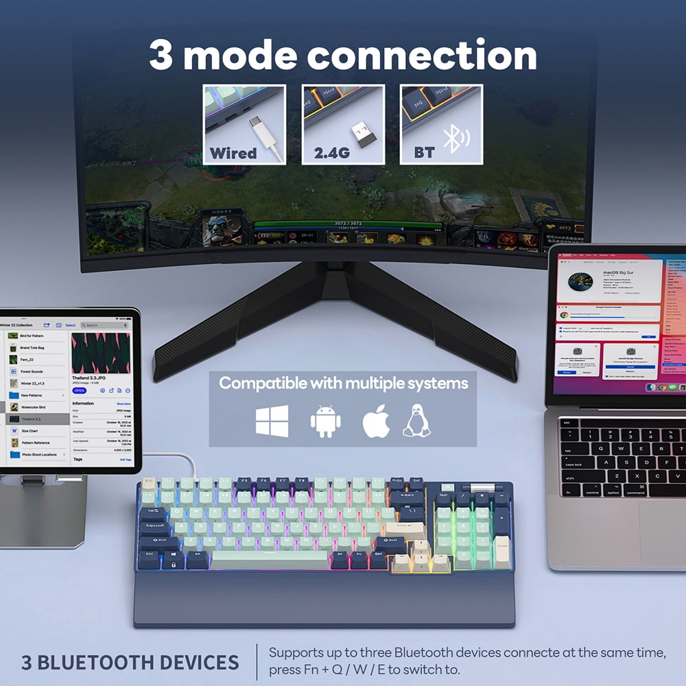 RK ROYAL KLUDGE RK96 RGB Limited Ed 90% 96 Keys Wireless Triple Mode BT5.0/2.4G/USB-C Hot Swappable Mechanical Keyboard with Wrist Rest Software Support & Massive Battery Blue Switch