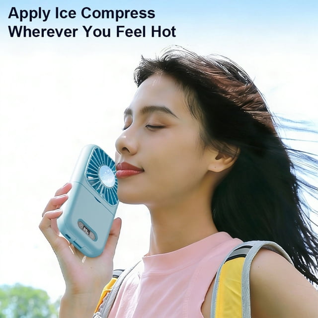 Foldable Makeup Mirror Fan LED Light Neck Hanging Cooling Fan USB Rechargeable Portable Ice Compress Fan For Daily Makeup Desk Use Travel Office Outdoor Hot Weather Comfort