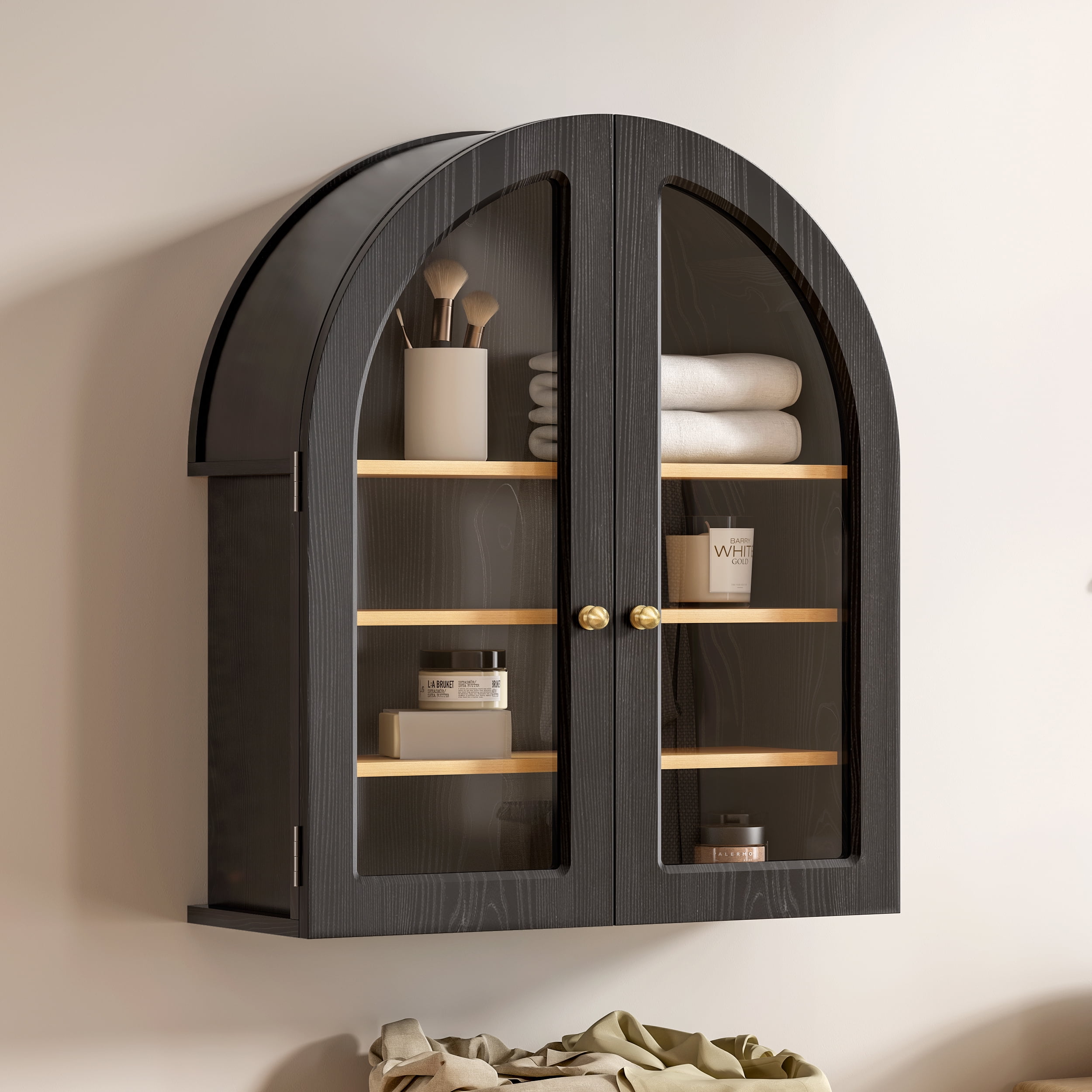EYYTHUNG Modern Arched Wall Cabinet, Large Medicine Cupboard Black Cabinet for Bathroom with Adjustable Shelf, Black Oak