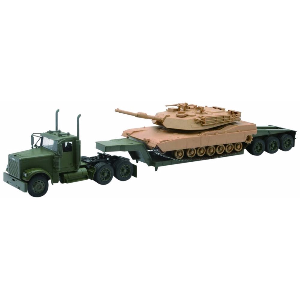 US Army Freightliner Lowboy w/ M1A1 Abrams Tank, Green & Tan New Ray
