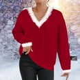 thumbnail image 2 of Womens Christmas Sweaters Holiday Outfit Long Sleeve V Neck Blouses Faux-fur Fluffy Trim Knit Pullover Red Tops (XL, Red), 2 of 6