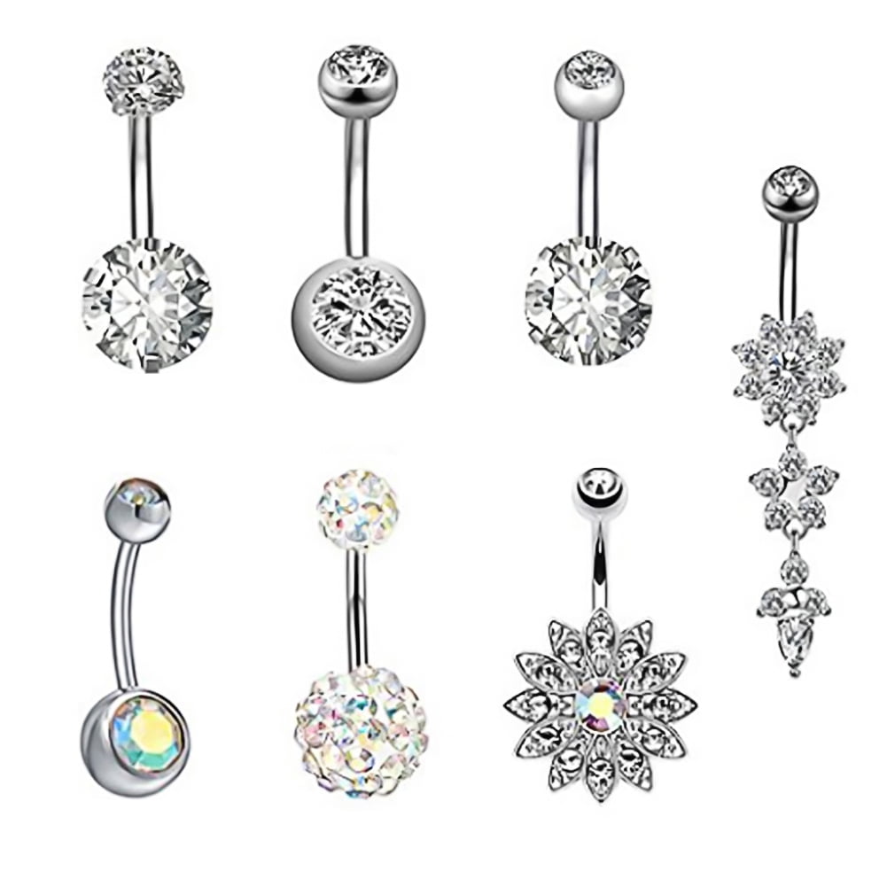 Ayyufe 7Pcs Women Piercing Barbell Body Jewelry Round Floral Rhinestone Charming Exquisite Belly