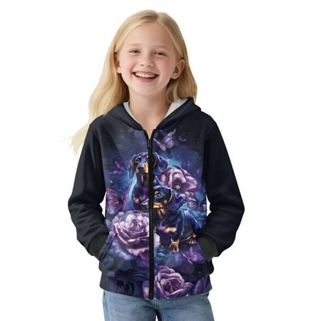 Psesaysky Purple Rose Print Full Zip Hoodie Oversized Girls Cute Dachshund Dog Winter Jackets with Pockets Casual Long Sleeve Sweatshirts for Girls Size M