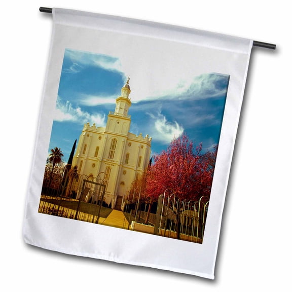 3dRose The St. George LDS Temple in Utah Edited in an Older Looking Color Palette with Vivid Reds and Blue - Garden Flag, 12 by 18-inch