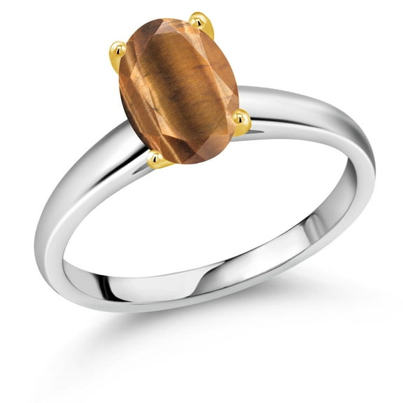 Gem Stone King 1.50 Ct Oval Brown Tiger Eye 10K White and Yellow Gold Ring Ring (Size 9)