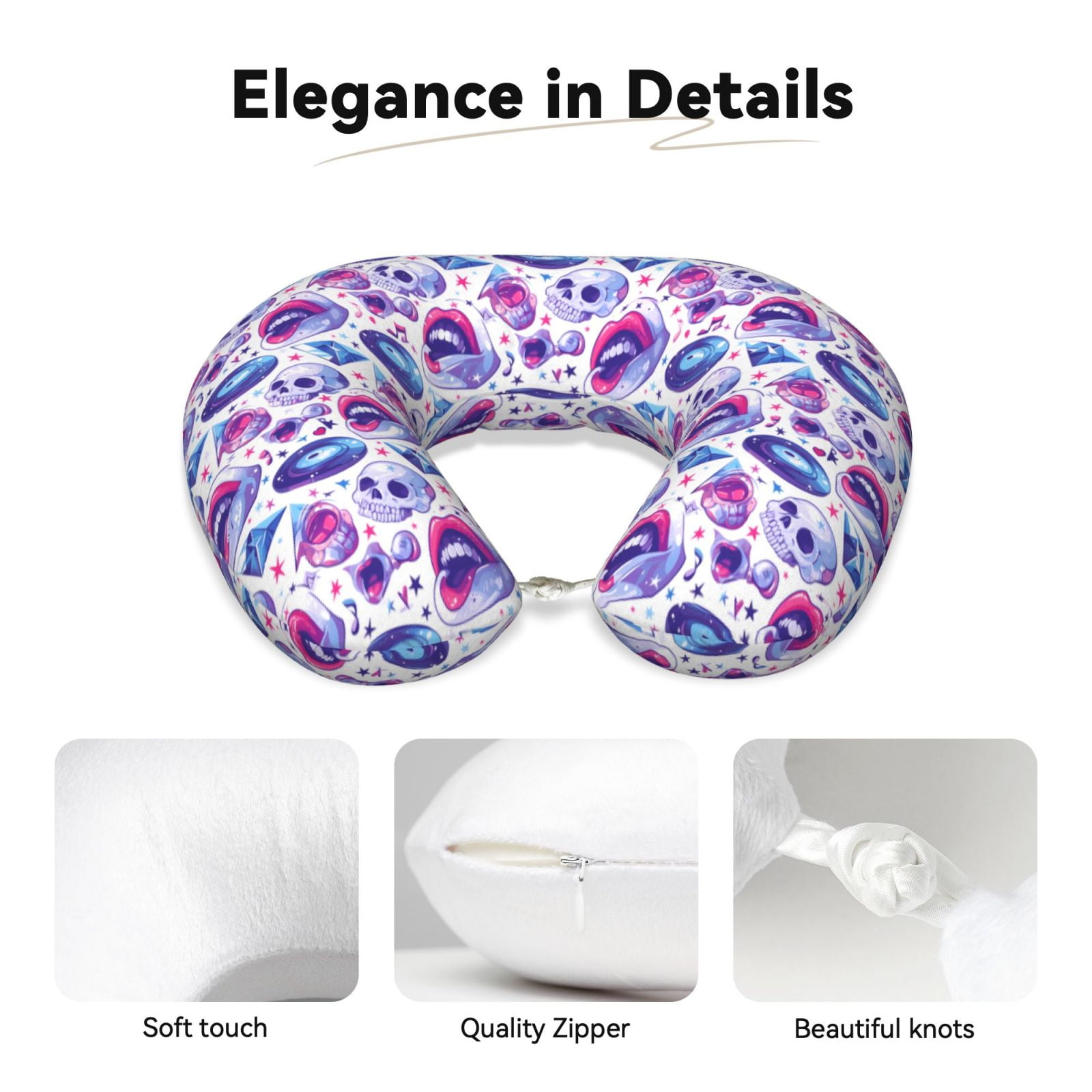 Xecao crystal Skull record lips Print Memory Foam Cervical Neck Pillow Versatile U-Shaped Pillows for Home,Office,Camping,Travelling,Soft Washable Cover