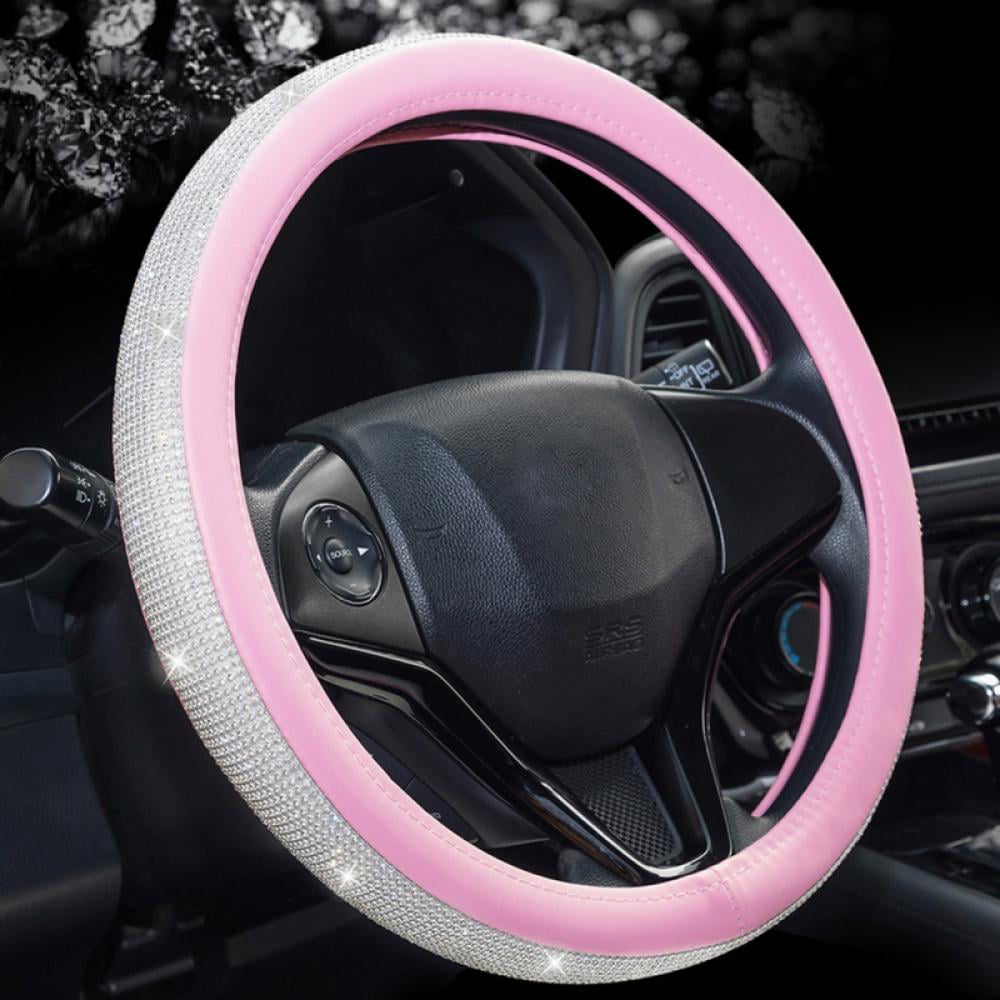 Universal Fit 15 Inch Odorless Wheel Protector coofig Diamond Leather Steering Wheel Cover for Women Girls with Bling Bling Crystal Pink-White diamond 