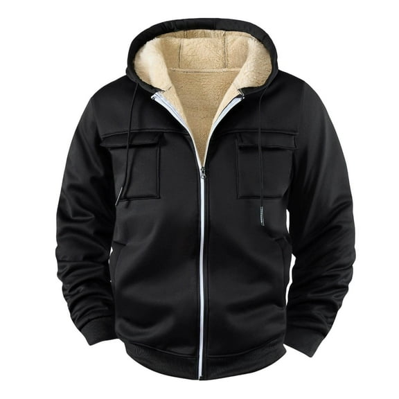 JUUYY Men's Warm Hoodie Jacket Full Zip Thermal Fleece Lined Jackets Thickened Casual Outdoor Hooded Sweatshirt Coats with Pocket Black XL