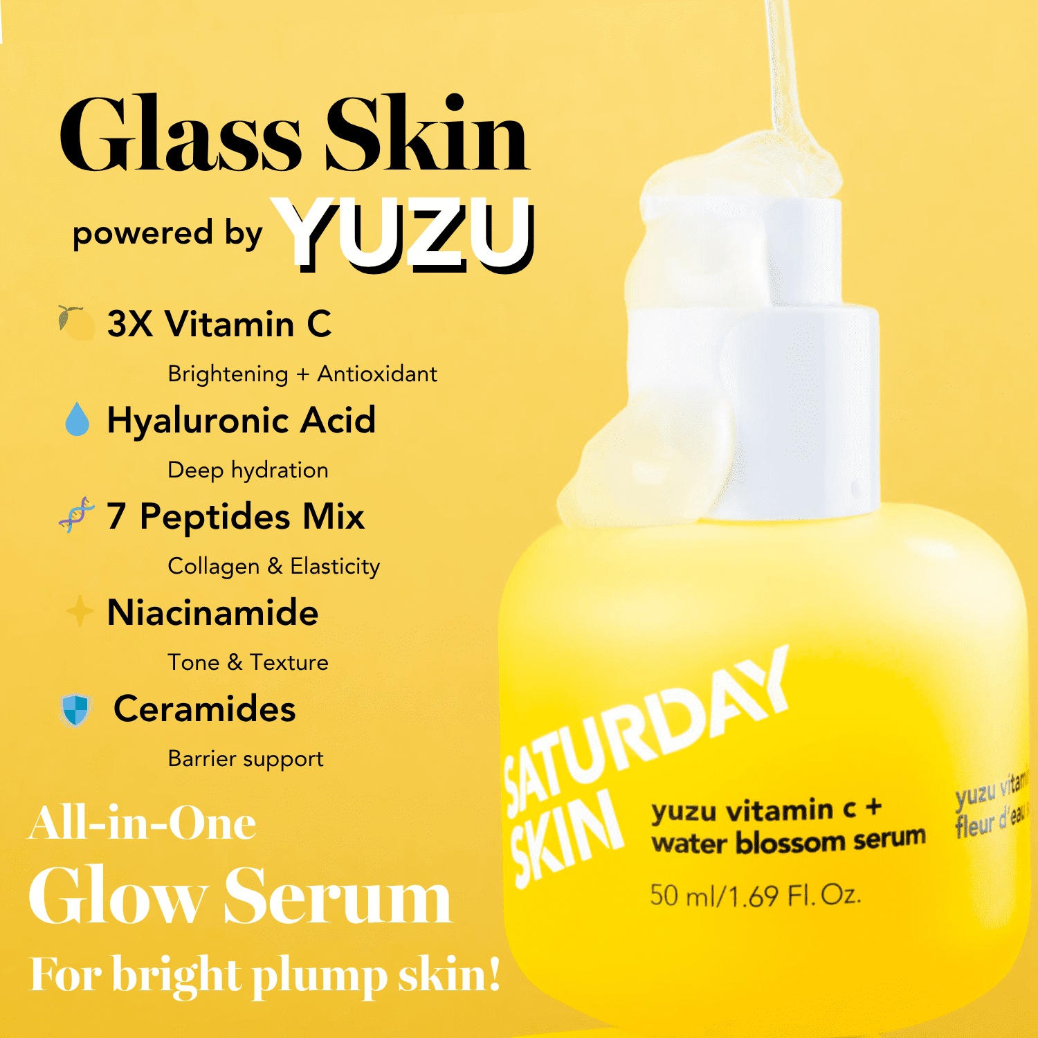 Vitamin C Serum For Face From Yuzu - Brightening Formula With Hyaluronic Acid 7 Peptide Mix And Niacinamide, Deeply Hydrate, Improve Uneven Skin Texture, Vegan, Korean Skin Care (50 ml)