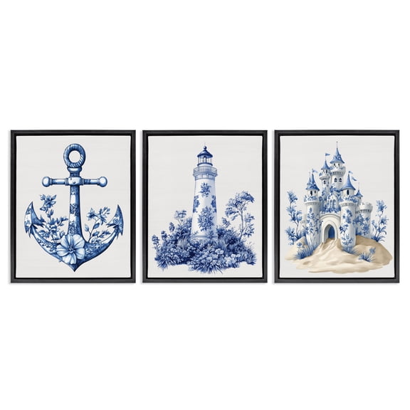 Ornate Nautical Toile Patterns 3 Piece Black Framed Floater Canvas Set, design by Lettered and Lined