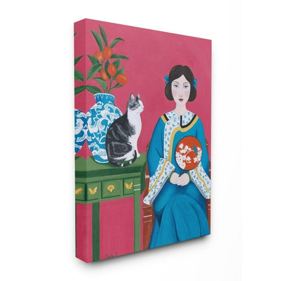 Stupell Home Décor Chinese Woman and Cat Red Green Blue Painting Canvas Wall Art by Sally B