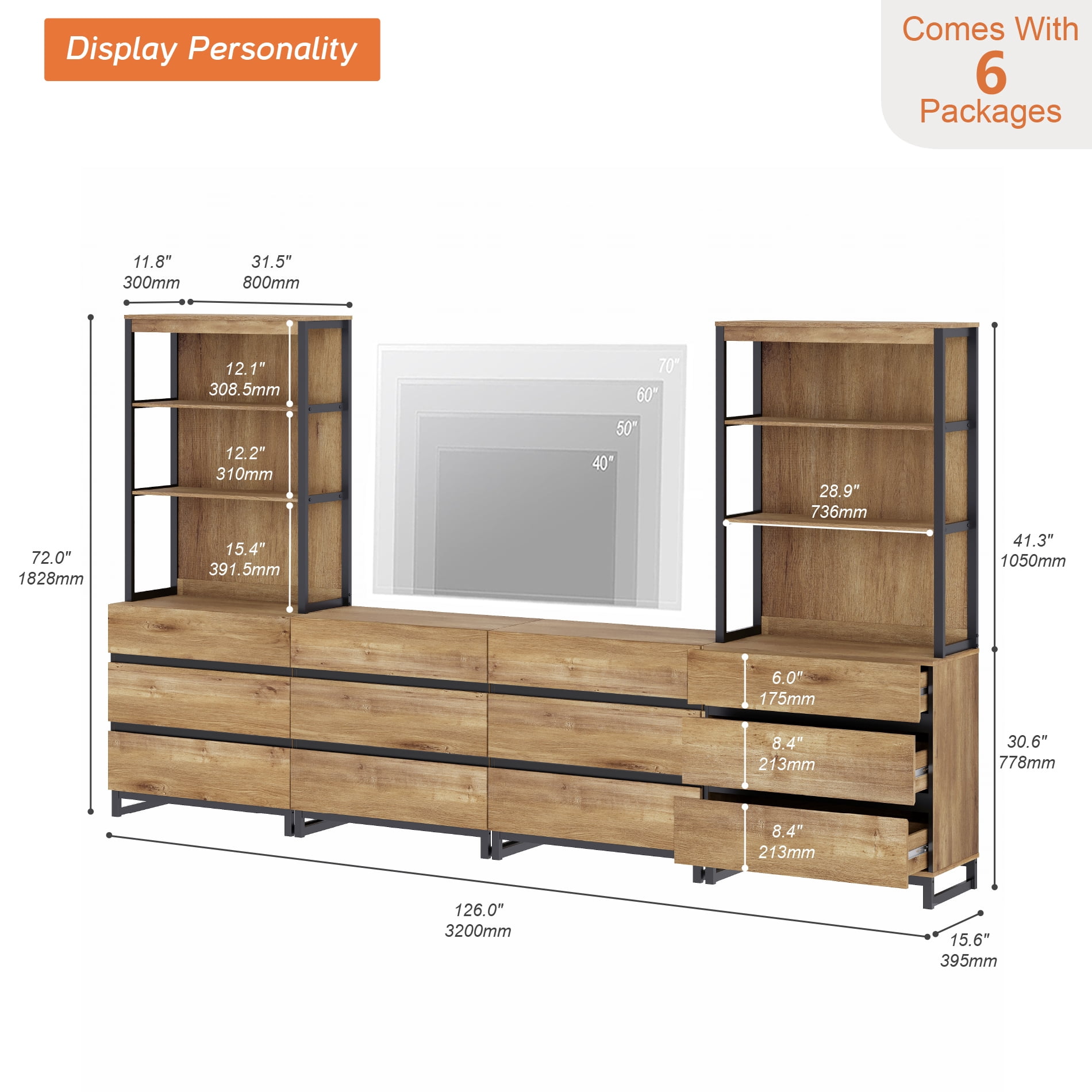 WAMPAT Modern TV Stand, 3-Tier Bookshelf & Farmhouse Entertainment Center with 12 Drawers, Adjustable Shelf & Black Metal Legs, Living Room Media,Console,Oak