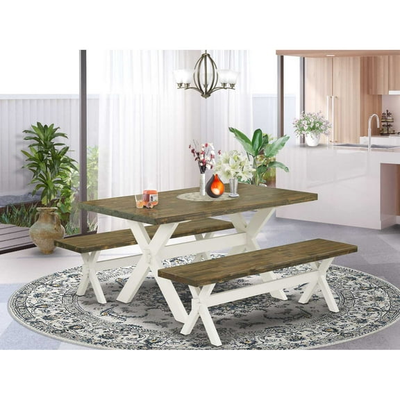 East West Furniture X2-076 3 Piece Dining Table Set - 1 Distressed Jacobean Breakfast Table and 2 Dining Bench - Reliable and Sturdy Construction - Linen White Finish