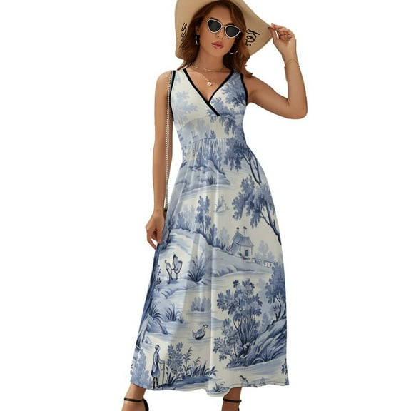 Blue Chinoiserie Toile Farming Sleeveless Dress Dresses Women Summer Evening Dresses Ladies Bohemia Long Dresses