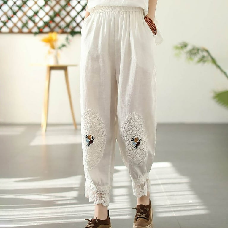 Diufon Lace Patchwork Pants for Women Printed Ruffle Hem Pants 
