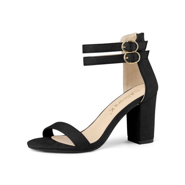 Unique Bargains Women's Double Ankle Straps Block Heels Sandals Black
