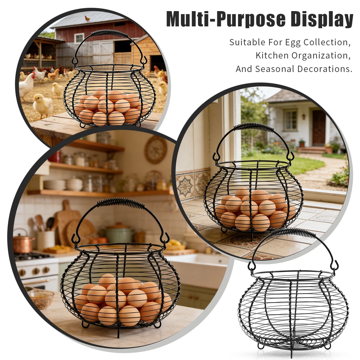 Farmhouse Wire Egg Basket with Handle - Round Metal Chicken Egg Holder for Collecting Fresh Eggs and Countertop Display