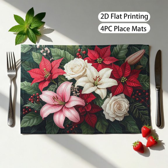 set of 4 placemats,Lily and white rose Theme Art placemats,fashion print pattern table mat, for dining table, kitchen, party, indoor, holiday, dinner parties and home decor (table mats) 12x18 Inch