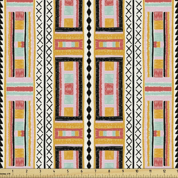 Folk Fabric by the Yard, Colorful Kente Style Geometric Pattern with Abstract Hatched Shapes Image, Decorative Upholstery Fabric for Sofas and Home Accents, Multicolor by Ambesonne