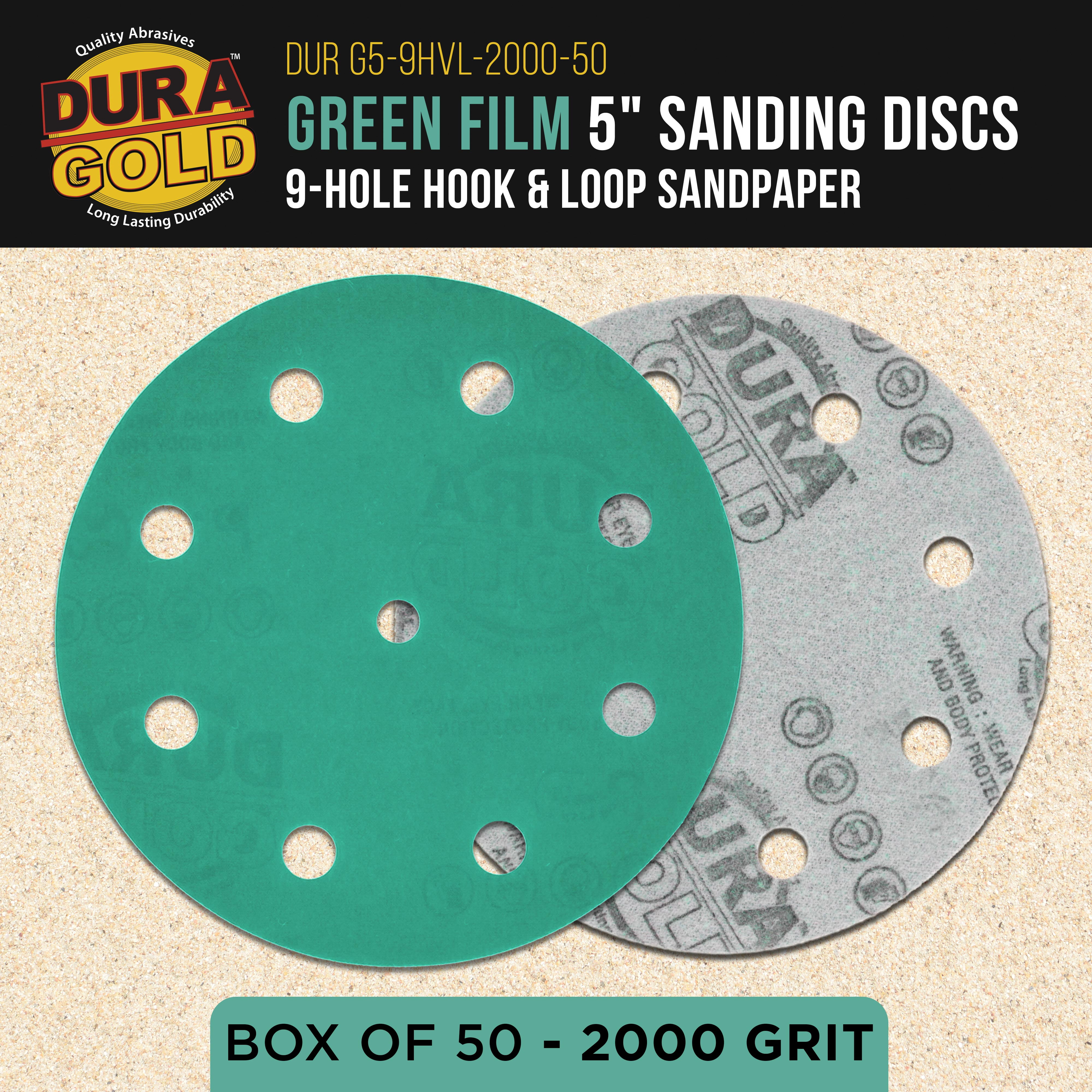 Dura-Gold Premium 2000 Grit 5" Green Film Sanding Discs, 9-Hole Pattern, Box of 50 - Heavy-Duty Dustless Hook & Loop Backing Sandpaper for DA & Random Orbital Sander, Detail Color Sand Auto Paint Wood