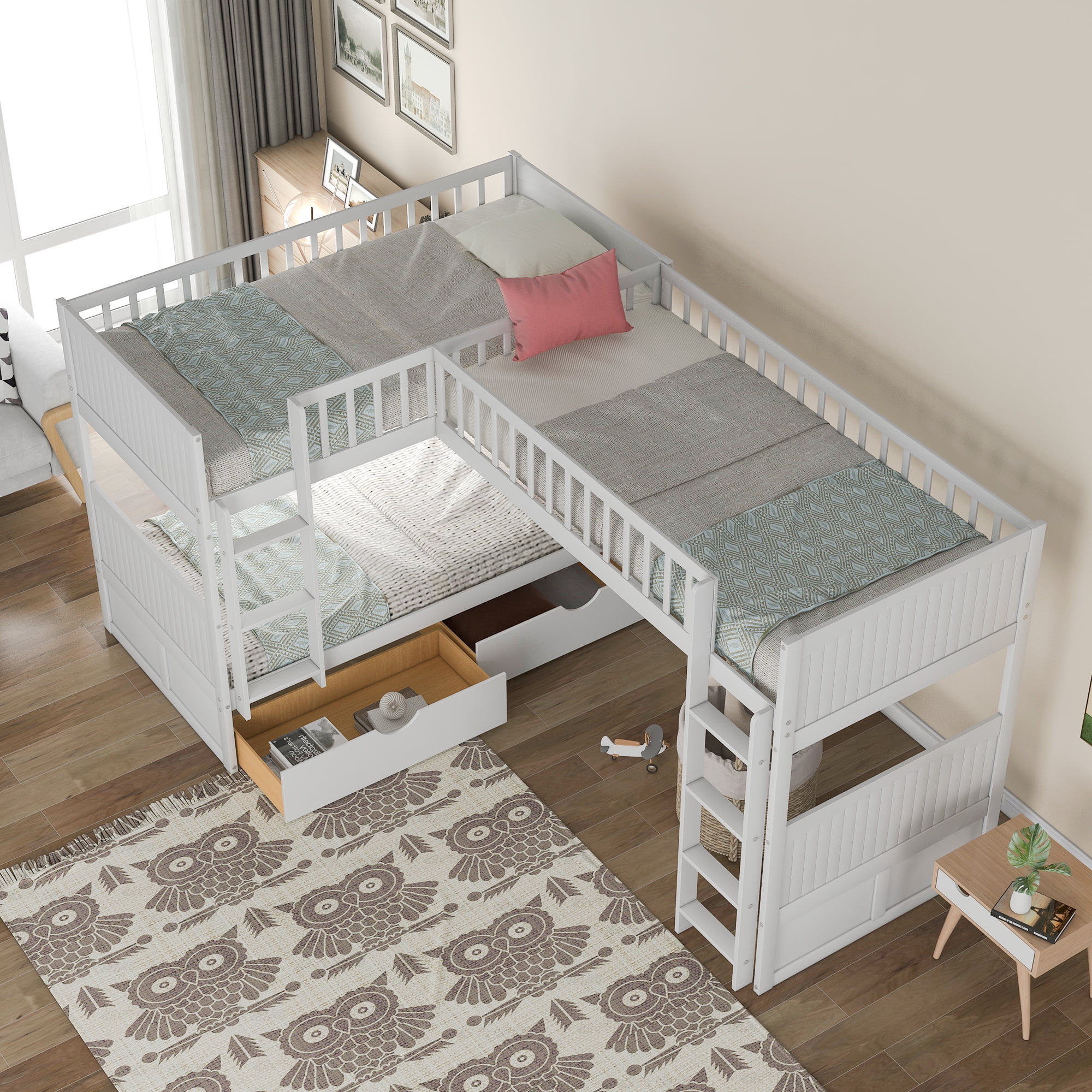 Euroco Twin Size L-Shaped Wood Triple Bunk Bed with Drawers for Kids Teens Bedroom, White