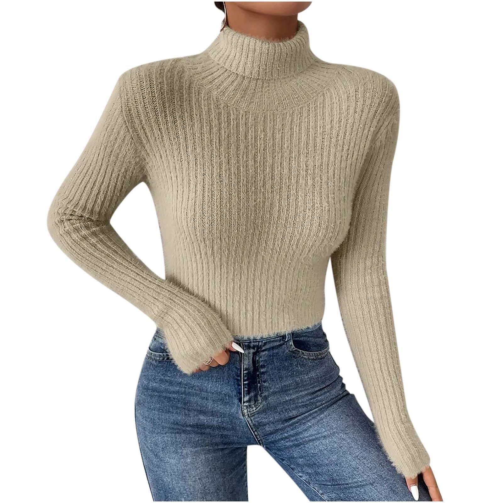 Olyvenn Womens Turtle-Neck Cropped Knit Sweater Tops Casual Plus Size ...