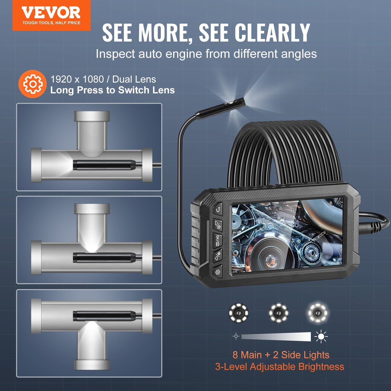 5 Inch 1080P Endoscope Camera with Light Triple Lens Industrial Borescope 8 Plus 2 Lights IP67 Waterproof Snake Camera for Automotive Plumbing 16.4FT Cable 32GB Card
