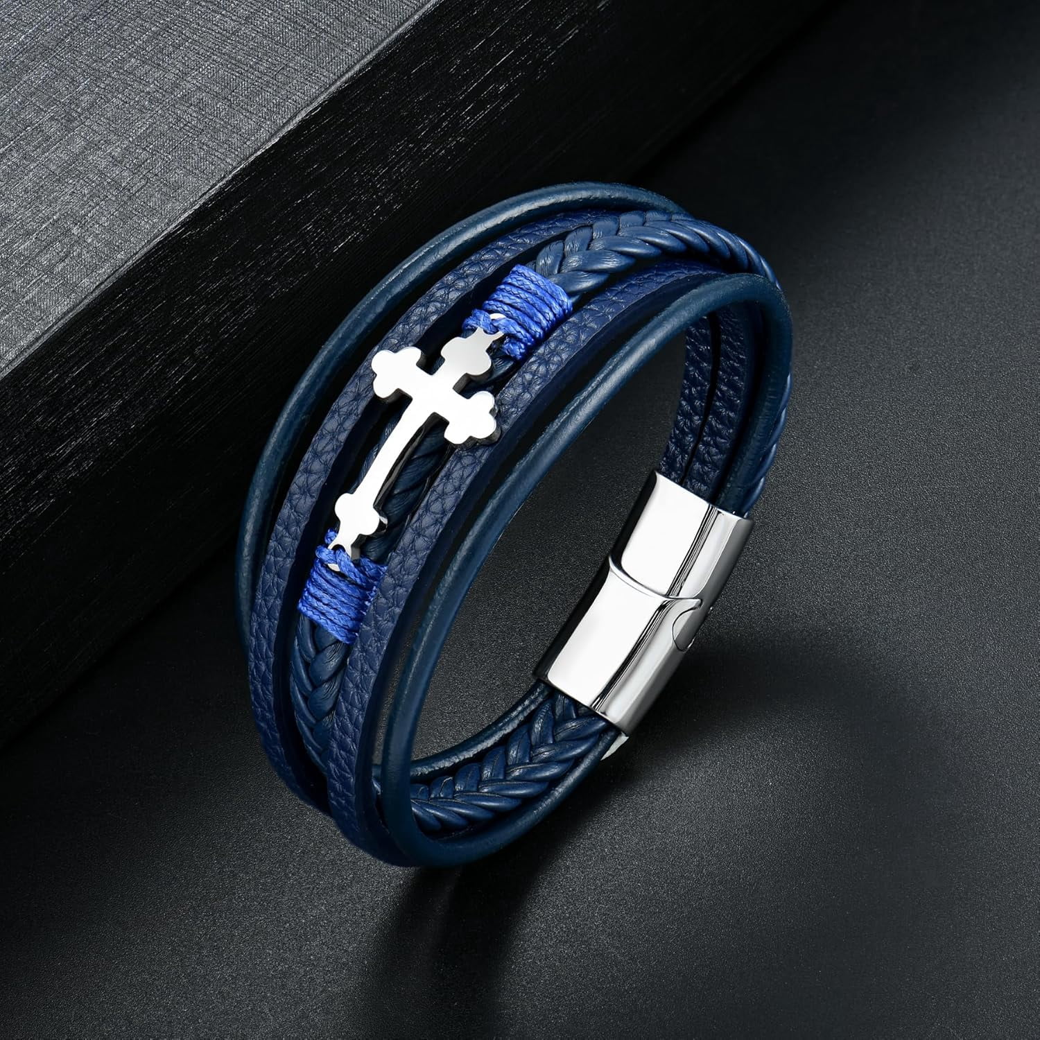 Mens Leather Cross Bracelet Multi-Layer Braided Faith Bracelet Religious Wristband Father's Day Birthday Jewelry Gifts for Men 8.5" Stainless Steel Buckle Bangle