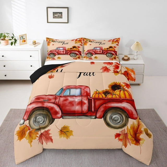 Erosebridal Ensemble de Literie Camion de Ferme Aquarelle, Couette Complète, Récolte Citrouille, Décorative d'Automne, Réversible 3 Pcs, Microfibre
