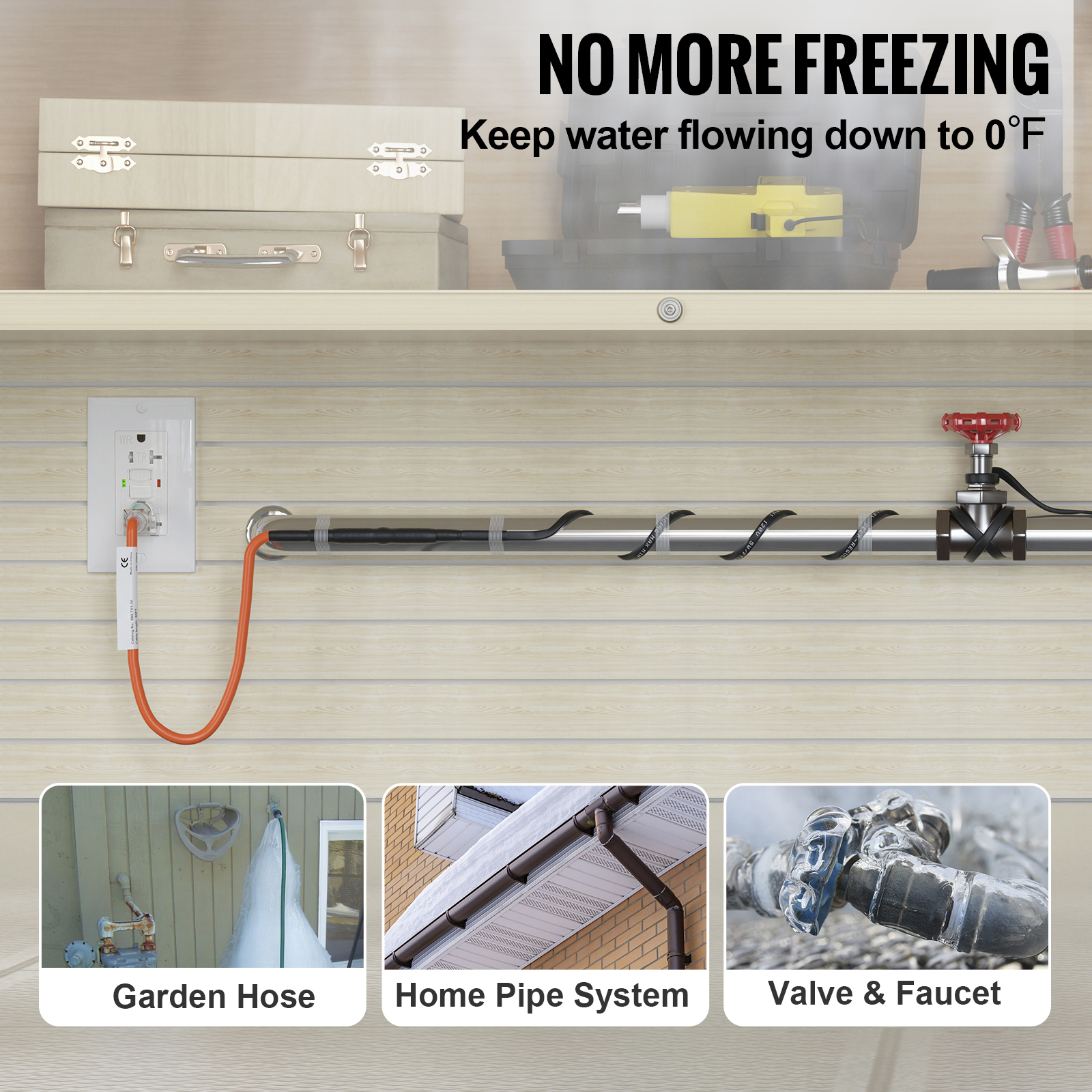 KFFKFF Self-Regulating Pipe Heating Cable, 30-Feet 5W/ft Heat Tape for Pipes Freeze Protection, Protects PVC Hose, Metal and Plastic Pipe from Freezing, 120V