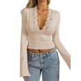 thumbnail image 2 of Women'S Lace V Neck Long Sleeve Going Out Tops Khaki S, 2 of 8
