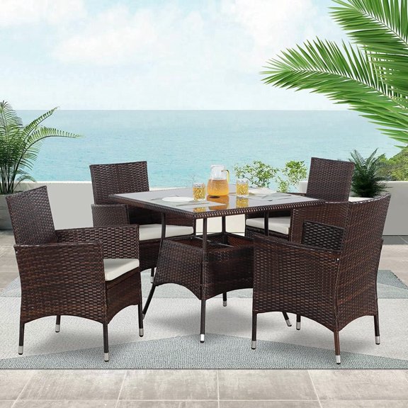 Heynemo Outdoor Furniture, 5-Piece Wicker Patio Dining Table Chair Set ,Square Tempered Glass Table Top with Umbrella Hole for Backyard(Brown)