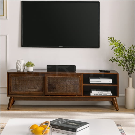 JERFIT 59" Walnut Mid Century TV Stand for TVs up to 65", Rattan Media Console with Sliding Doors & Storage Shelves for Living Room