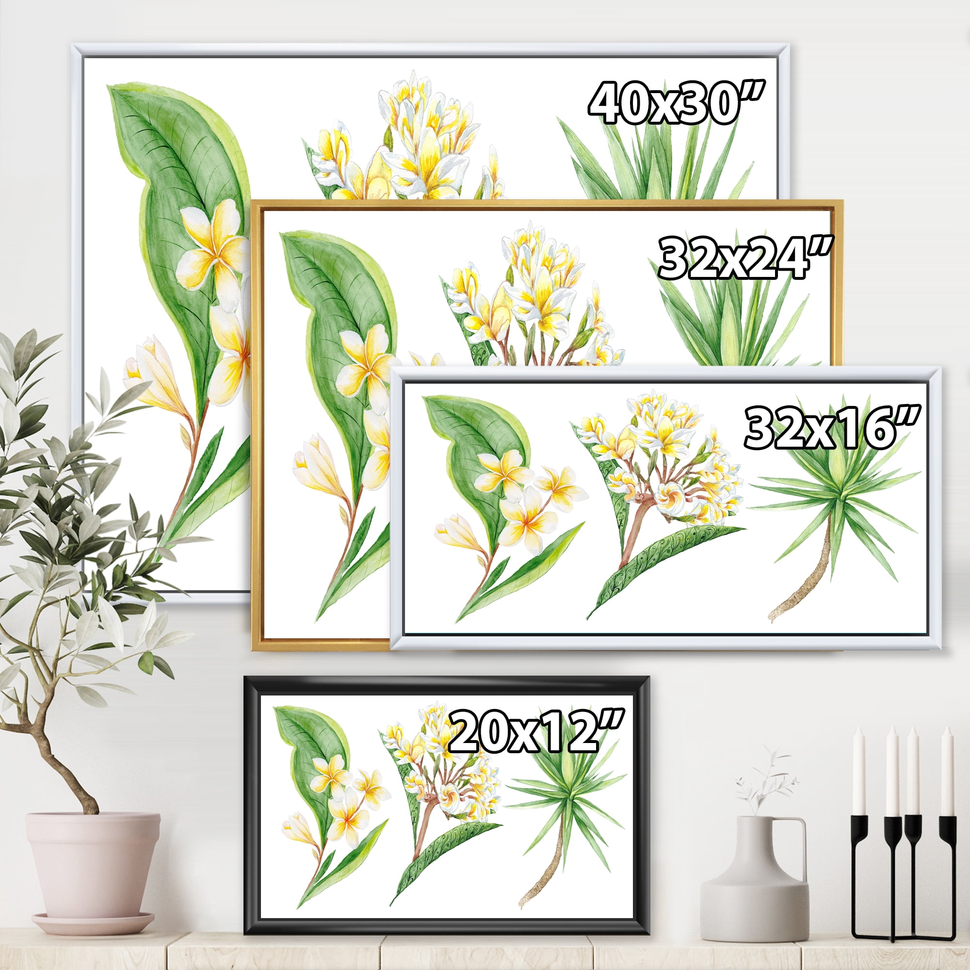 Designart 'Yellow Flowers and Tropical Foliage XII' Traditional Framed Canvas Wall Art Print