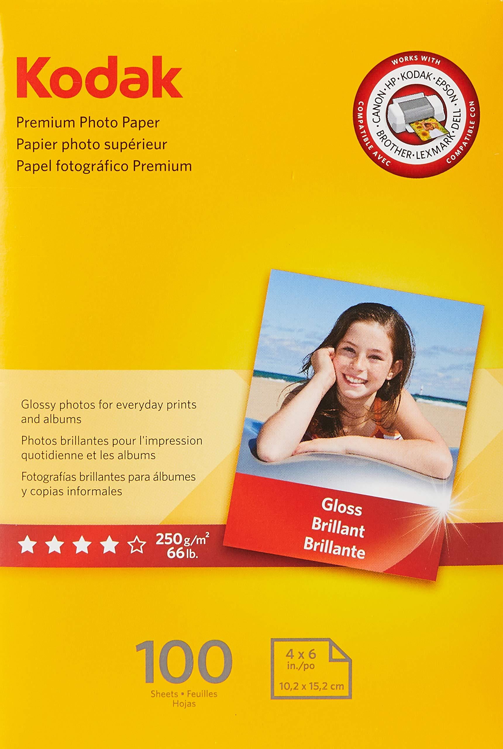 KODAK Premium Photo Paper Gloss 4"x6", 100 count, 66lb250g/m2 weight, 8.5 mil thickness (41157