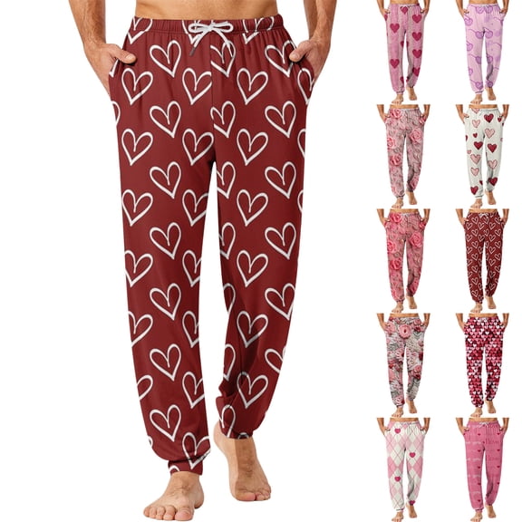 Men's Drawstring Pocket Cuffed Casual Pants, Irregular Heart Print Valentine's Day Home Sleep Pants for Gift and Holiday,Beige,L