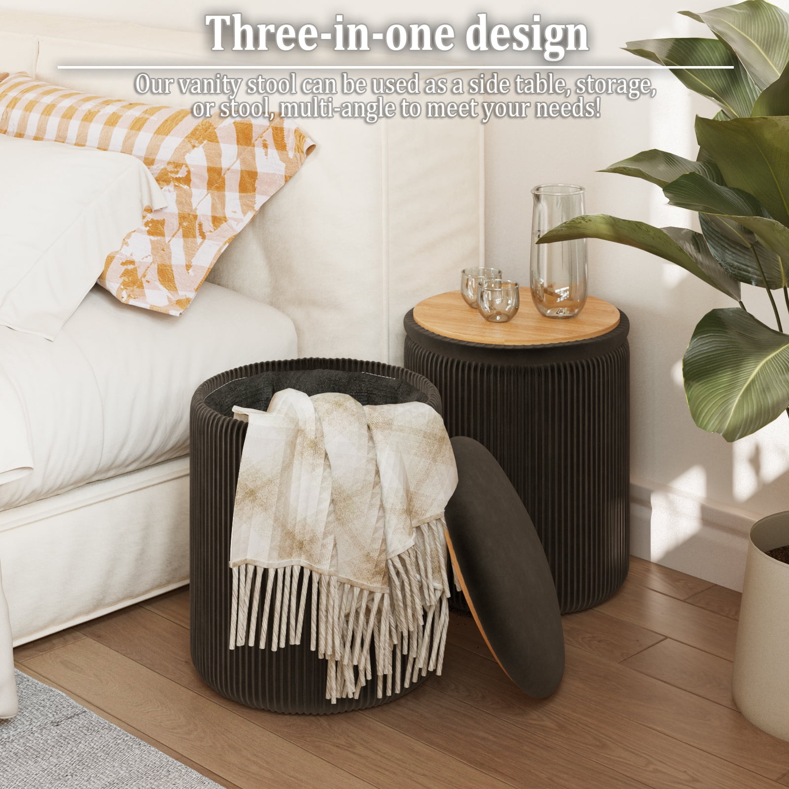 Waleaf Round Ottoman Foot Stool with Storage Set of 2, Upholstered Velvet Vanity Stool for Living Room & Bedroom, Black