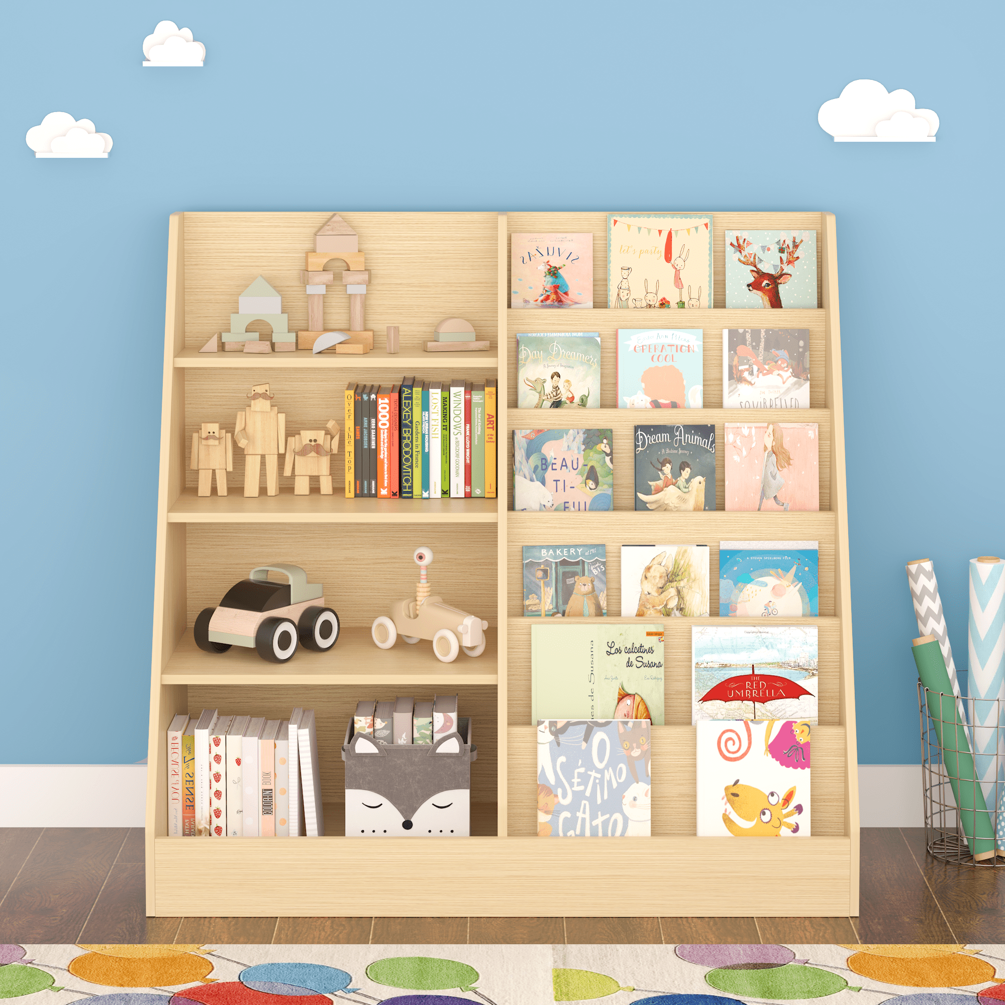 Kids Furniture Kids Bookshelf and Toy Storage Organizer, Multifunctional 4 Tier Wooden Kids Book Shelf with Bookcase Display Stand in Kids Room Playroom Nursery for Kids, Children, Toddlers (Natural)