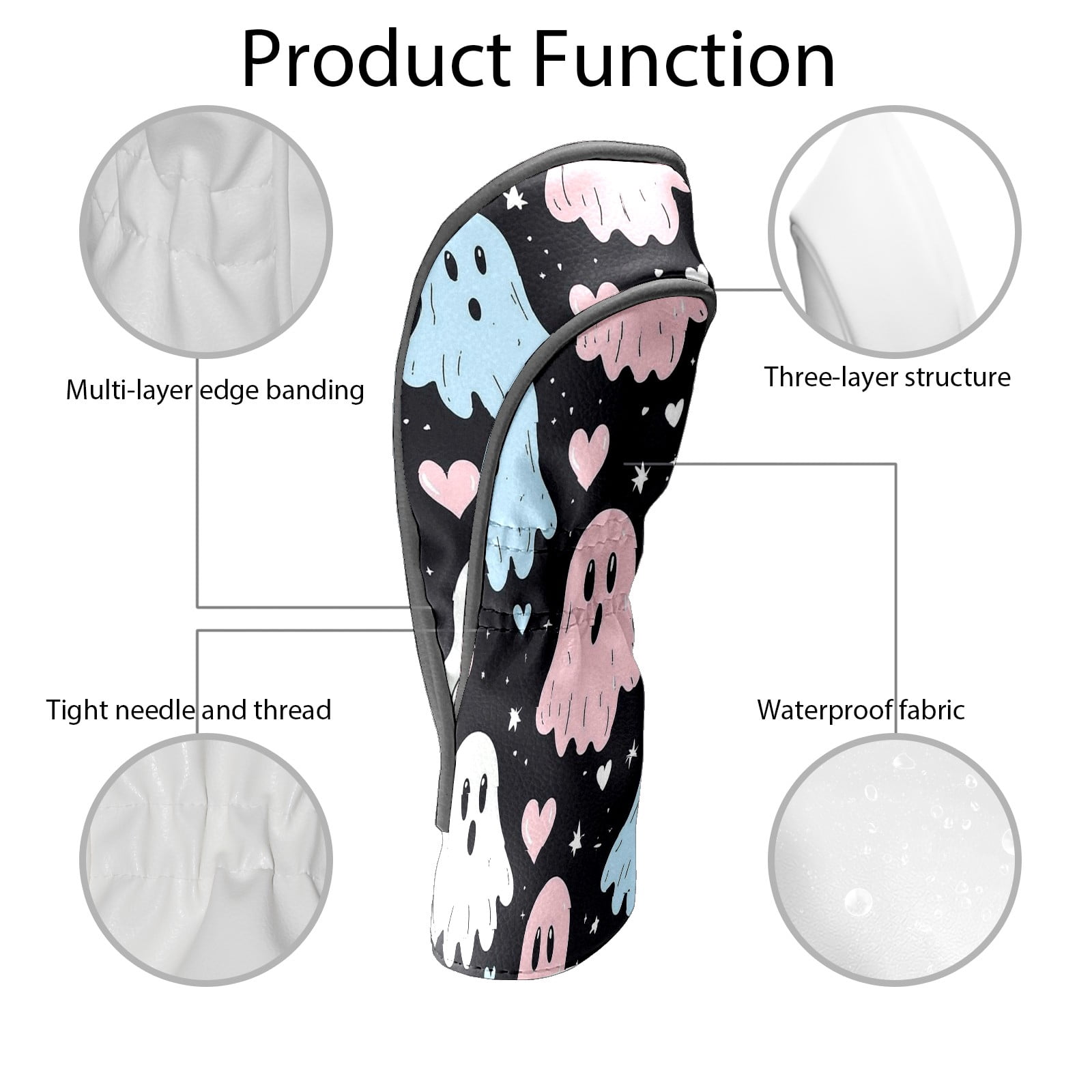 Golf Club Covers, Black GhostHeart Premium PU Leather Driver Hybrid Putter Head Covers with Velvet Lining, Waterproof Golf Gifts for Men Women