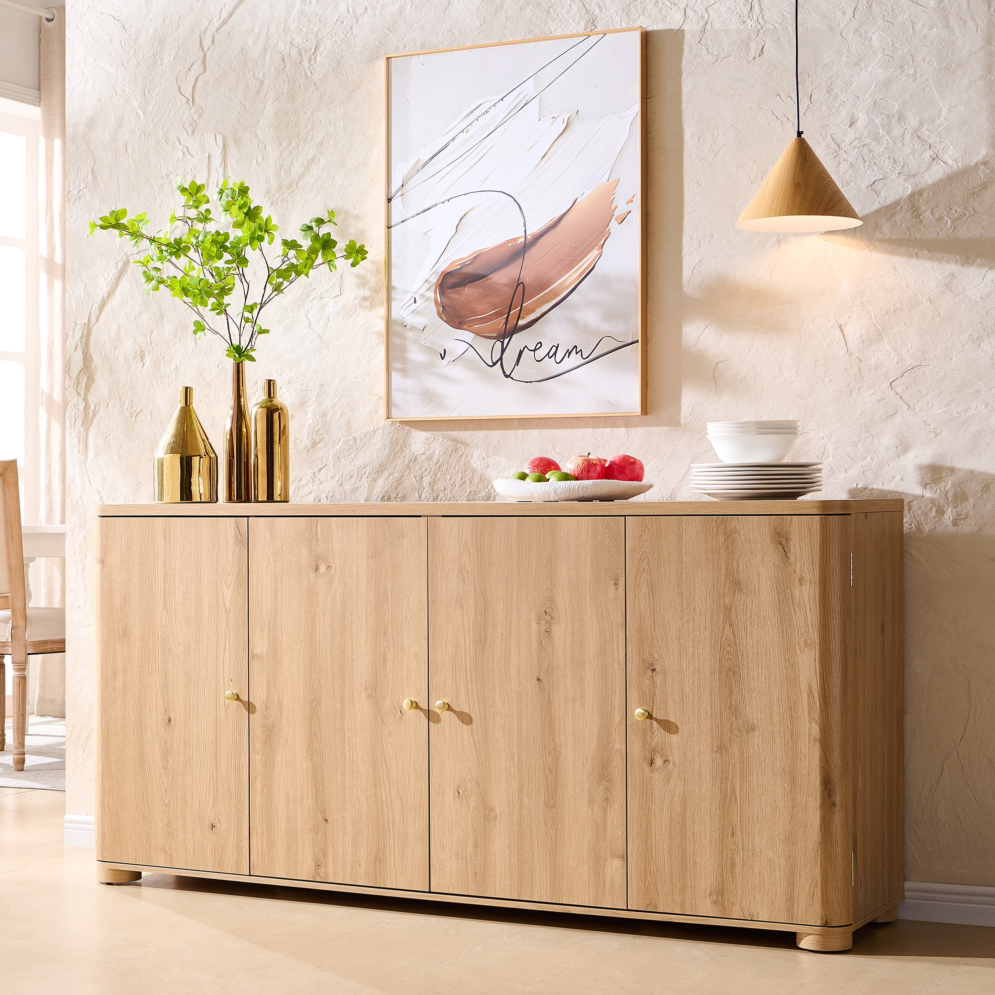 Aitjunz Kitchen Buffet Sideboard Cabinet, 66" Curved Coffee Bar Storage Cabinet with 4 Doors and Shelves for Kitchen, Dining Room, Natural