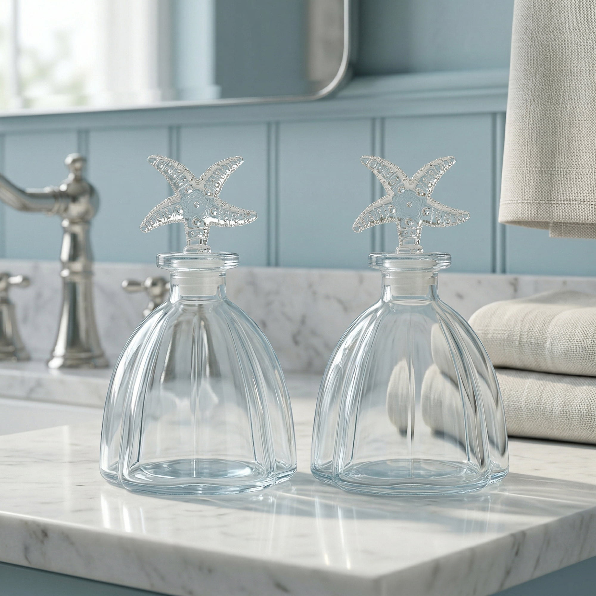Unique Bargains 2pcs Decorative Glass Jars with Ornate Glass Stoppers Starfish Shaped Snap Cover 3.3"x3.3"x5.9"