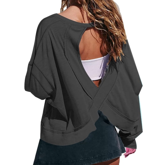 Aellinatey Open Back Workout Tops for Women Long Sleeve Cropped Athletic Clothes Gym Running Yoga Sports T Shirts