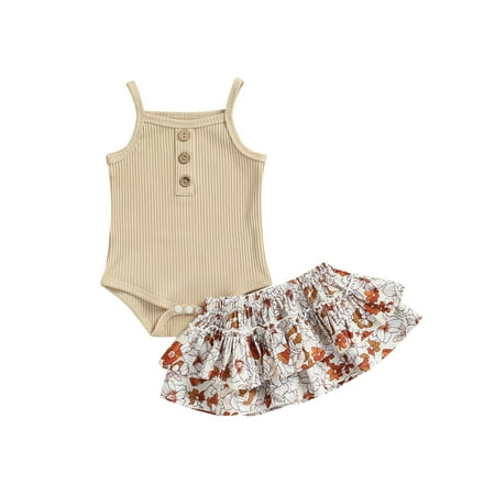 

TheFound Infant Newborn Baby Girls Summer Outfits Floral Romper Sleeveless Knit Onesie Ribbed Bodysuit Ruffle Skirt Set